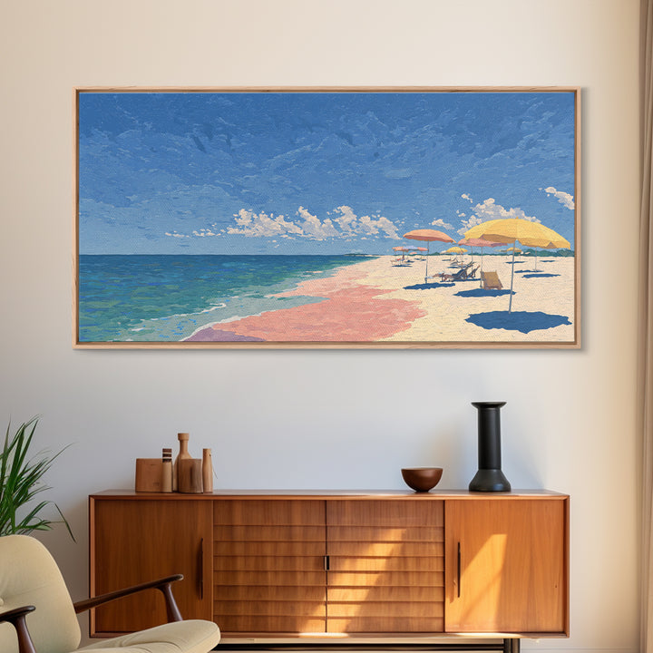 Pastel Ocean Beach Canvas Print, Pink Sand Umbrella Landscape, Coastal Modern Wall Art, Soft Summer Decor For Bedroom And Office