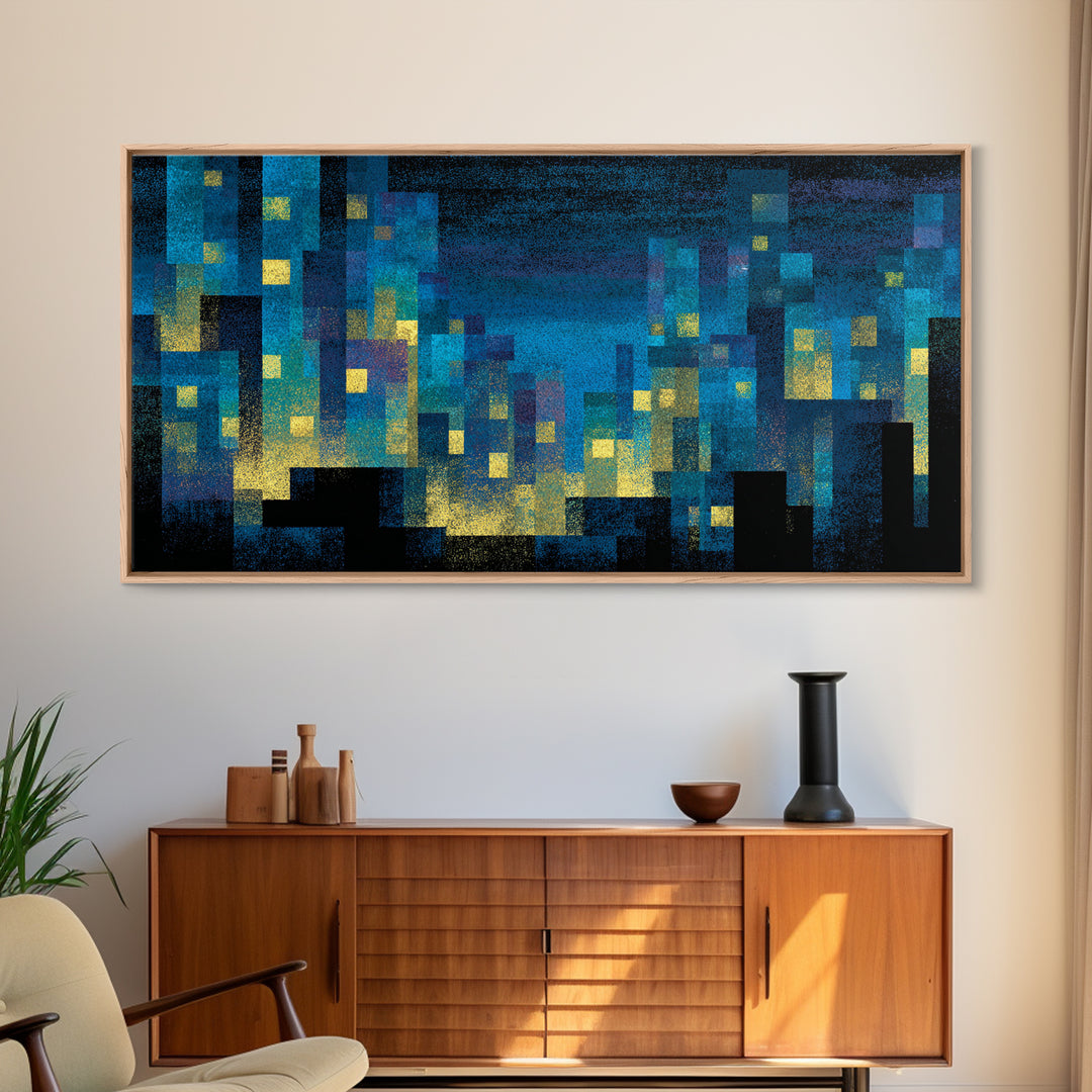 Teal Pixel City Skyline Canvas Print, Glowing Urban Nightscape, Modern Abstract Art, Blue Wall Decor, Home Office Art Print