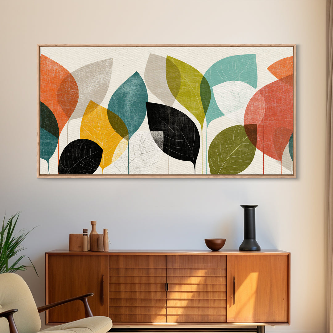 Abstract Overlapping Leaves In Teal Orange Yellow Wall Art, Midcentury Modern Botanical Print, Retro Living Room Decor Gift