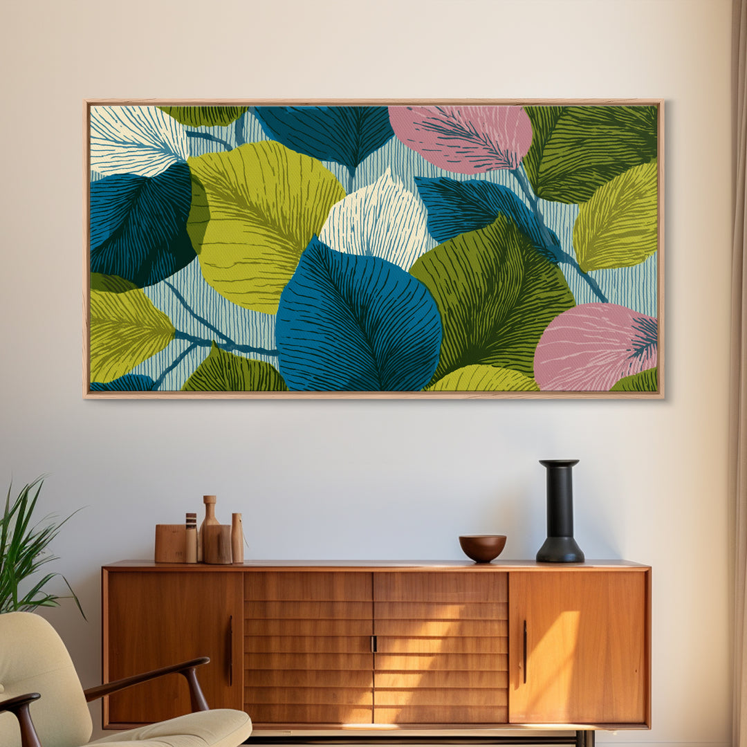 Layered Ginkgo Leaves In Blue Green Pink Canvas Print, Midcentury Modern Botanical Wall Decor, Colorful Living Room Art Print