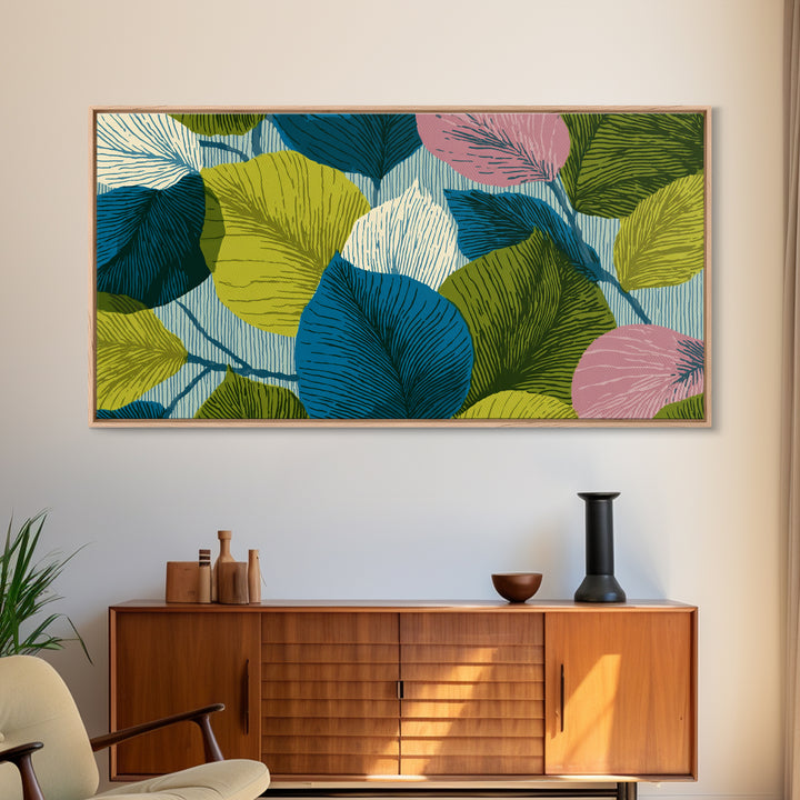 Layered Ginkgo Leaves In Blue Green Pink Canvas Print, Midcentury Modern Botanical Wall Decor, Colorful Living Room Art Print