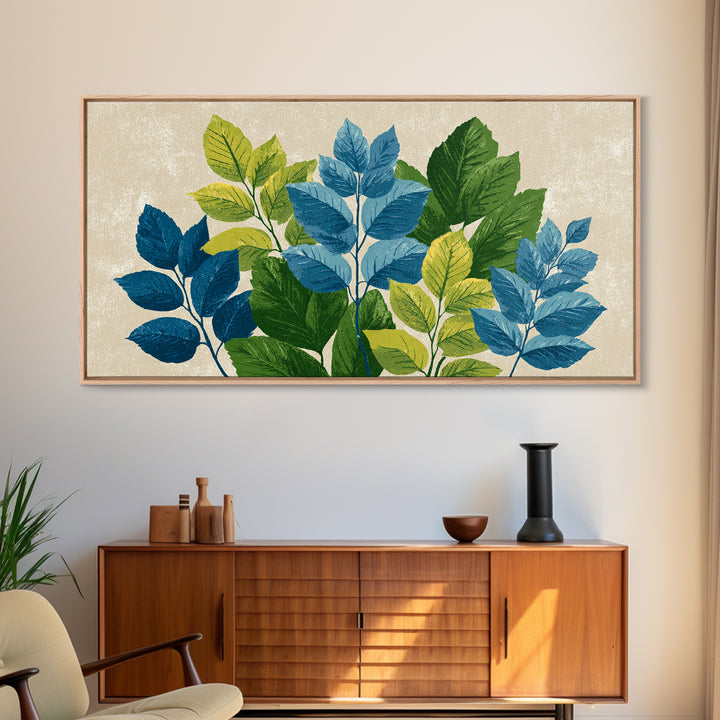 Blue Green Botanical Branches With Textured Leaves Wall Art, Midcentury Modern Nature Print, Calm Bedroom Office Decor Gift