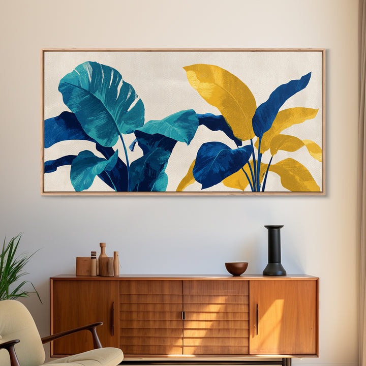 Bold Tropical Leaves In Teal Blue Mustard Canvas Print, Midcentury Modern Botanical Wall Art, Colorful Home Office Decor