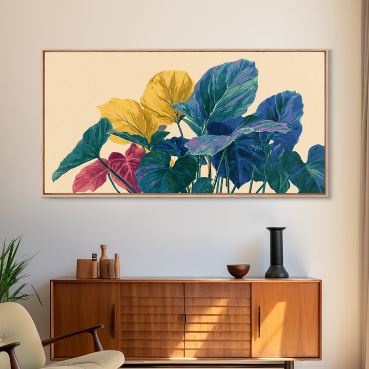 Vibrant Tropical Foliage In Yellow Teal Pink Wall Art, Midcentury Modern Botanical Print, Colorful Boho Living Room Decor