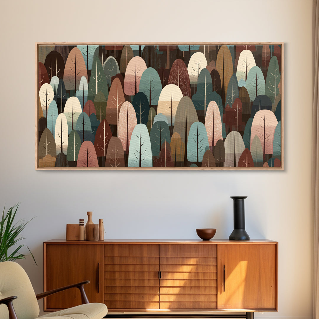 Muted Abstract Forest Of Rounded Trees Framed Canvas Print, Midcentury Modern Wall Art, Earth Tone Woodland Living Room Decor
