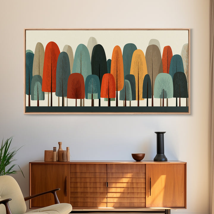Minimal Rounded Tree Grove In Orange Teal Mustard Wall Art, Midcentury Modern Forest Print, Retro Nursery Or Office Decor