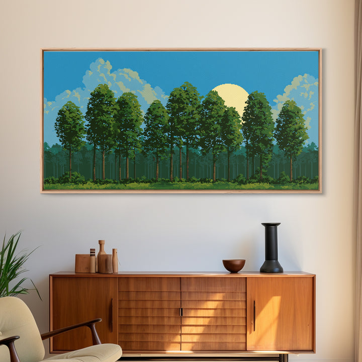 Sunlit Green Forest Landscape With Moonrise Canvas Print, Nature Wall Art, Retro Scenic Living Room And Cabin Decor Gift