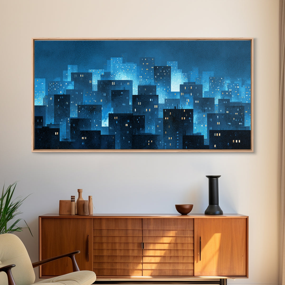 Misty Blue Urban Skyline Framed Canvas Print, Snowy City Lights, Modern Wall Art, Large Abstract Decor, Office Wall Art Print