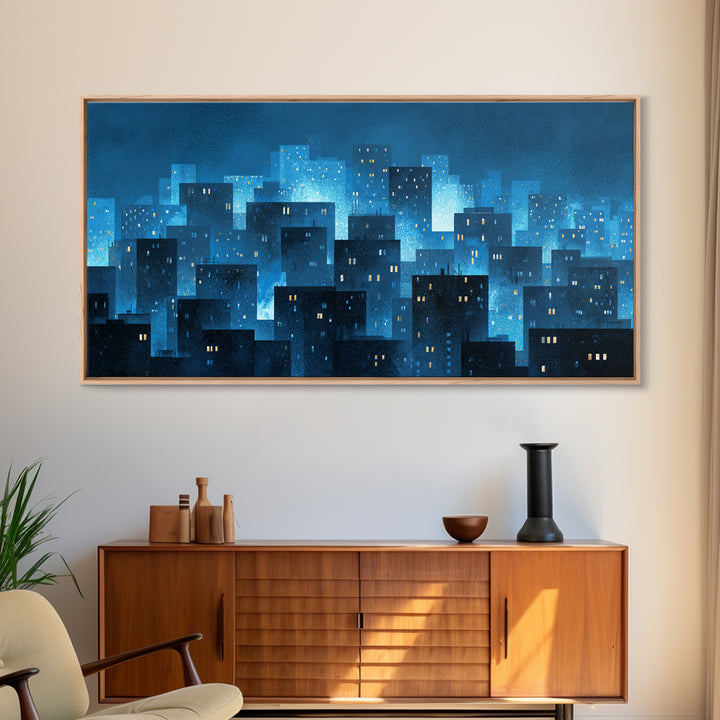 Misty Blue Urban Skyline Framed Canvas Print, Snowy City Lights, Modern Wall Art, Large Abstract Decor, Office Wall Art Print