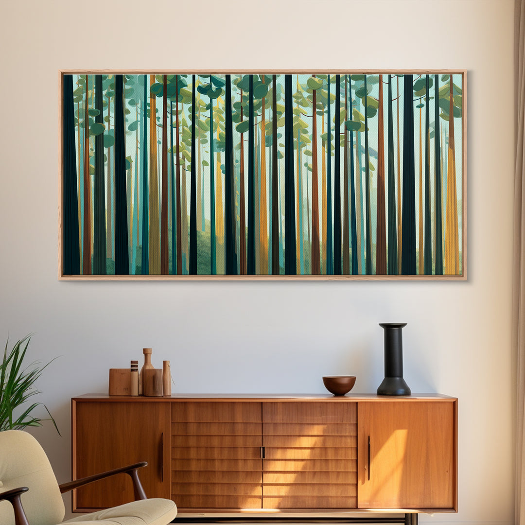 Tall Pine Forest With Sunbeams In Teal Gold Wall Art, Modern Nature Landscape Print, Scandinavian Cabin And Office Decor