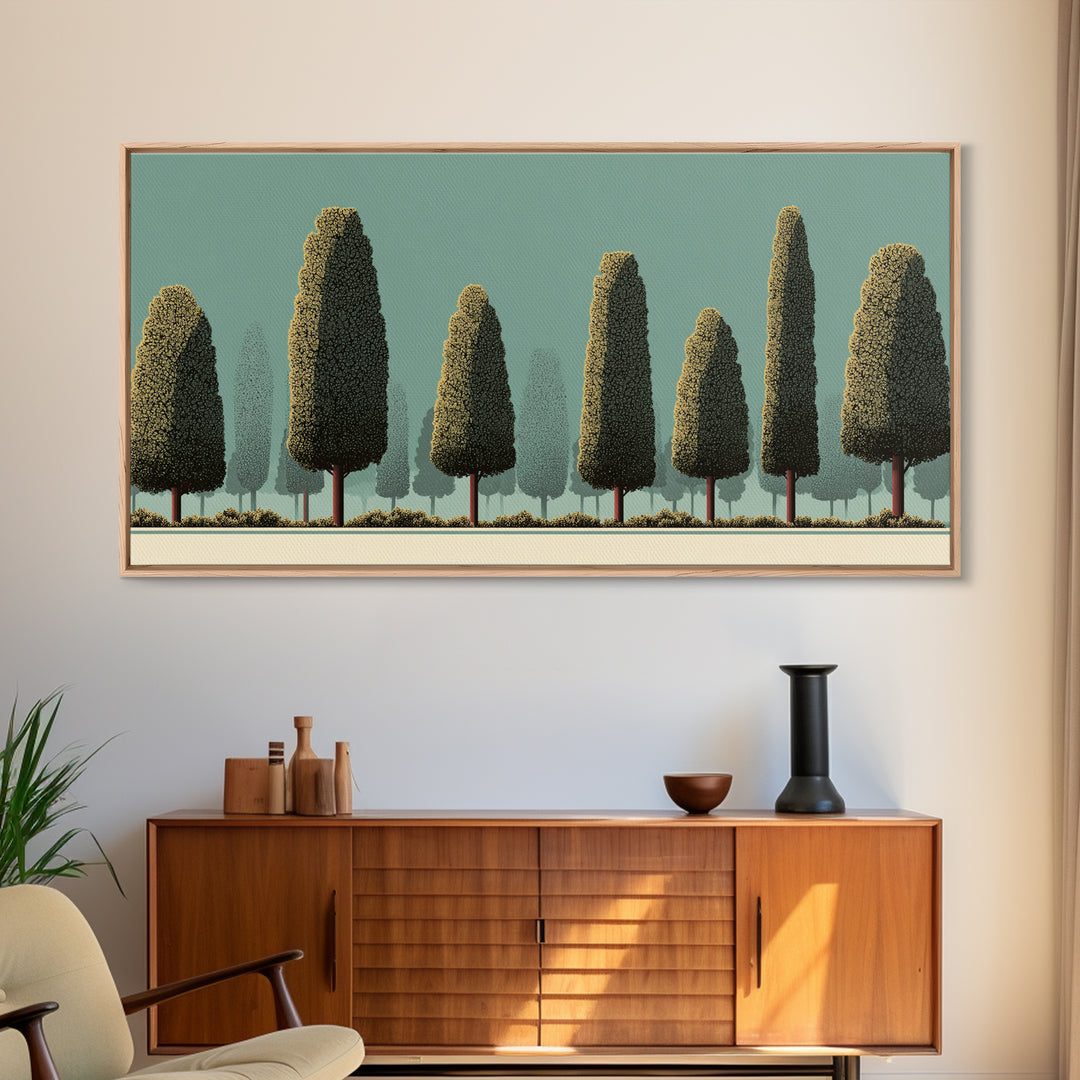 Stylized Cypress Tree Grove Wall Art, Midcentury Modern Landscape Print, Sage Green Retro Decor, Nature Living Room Art Print