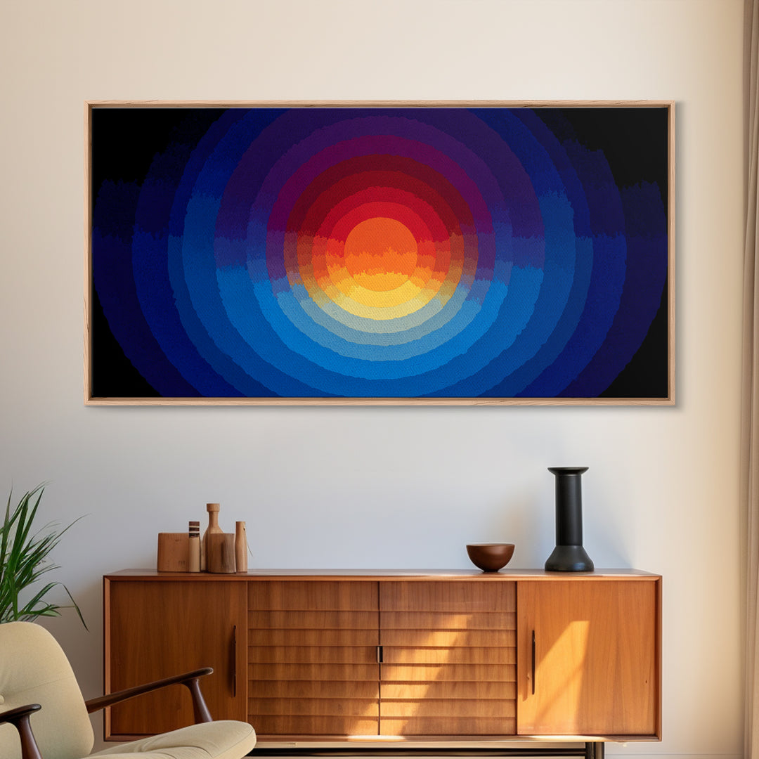 Radiant Layered Sunset Canvas Print, Midcentury Modern Abstract Landscape, Blue Orange Wall Decor, Retro Living Room Art