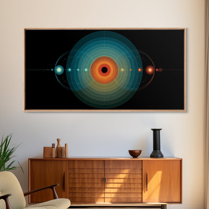 Solar System Orbit Canvas Print, Midcentury Modern Space Abstract, Teal Orange Circle Wall Decor, Retro Office Art Print Gift