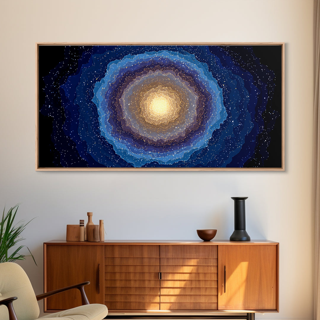 Blue Gold Galaxy Nebula Canvas Print, Modern Abstract Space Art, Starry Cosmic Wall Decor, Oversized Living Room Poster Print