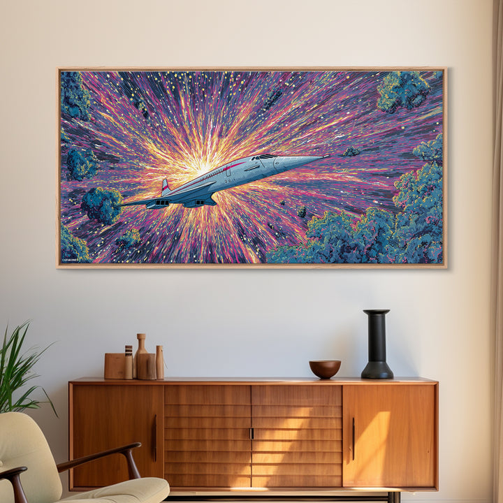 Retro Futuristic Jet Wall Art, Midcentury Sci Fi Airplane Print, Starburst Space Poster, Colorful Modern Home Decor Gift
