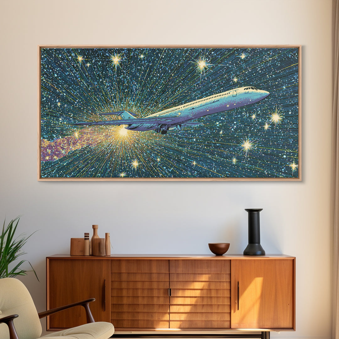 Supersonic Jet In Starry Warp Speed Sky Wall Art, Retro Sci Fi Poster, Mid Century Modern Decor, Space Travel Print, Home Office Decor