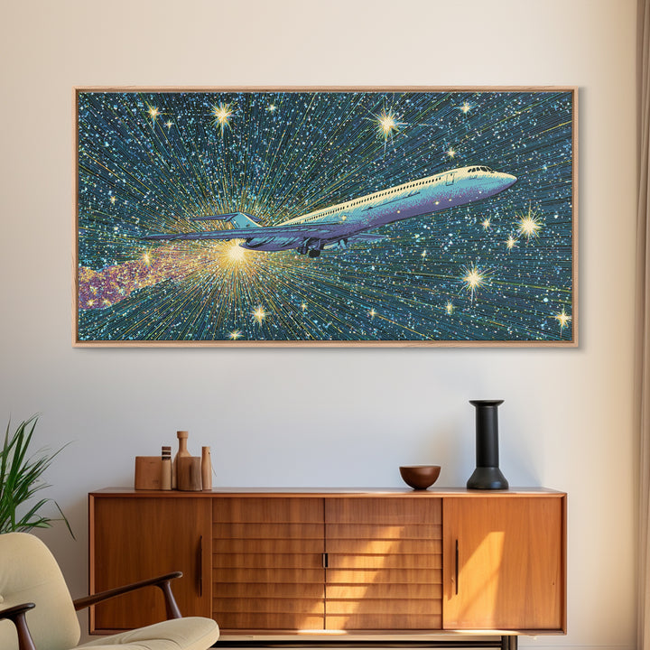 Supersonic Jet In Starry Warp Speed Sky Wall Art, Retro Sci Fi Poster, Mid Century Modern Decor, Space Travel Print, Home Office Decor