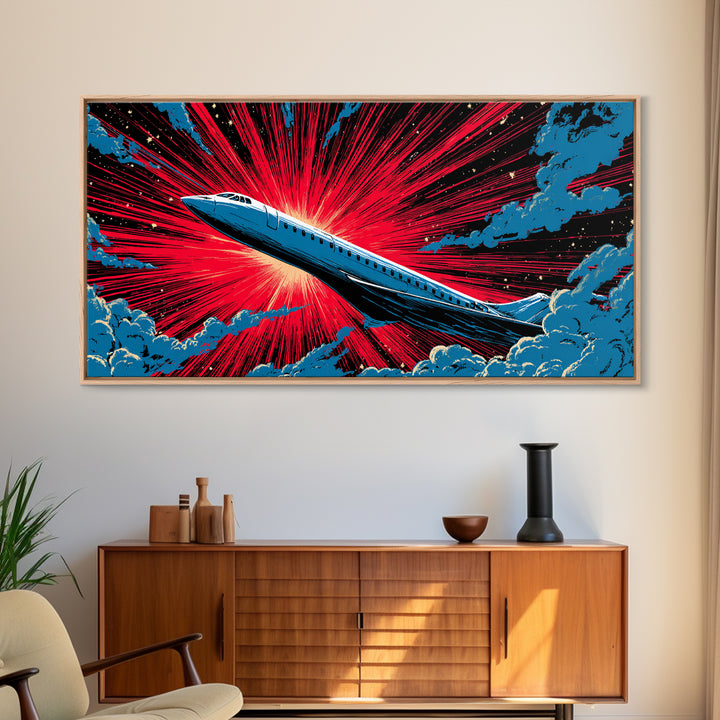 Blue Supersonic Jet With Red Starburst Canvas Print, Retro Sci Fi Poster, Mid Century Modern Wall Decor, Aviation Art Print