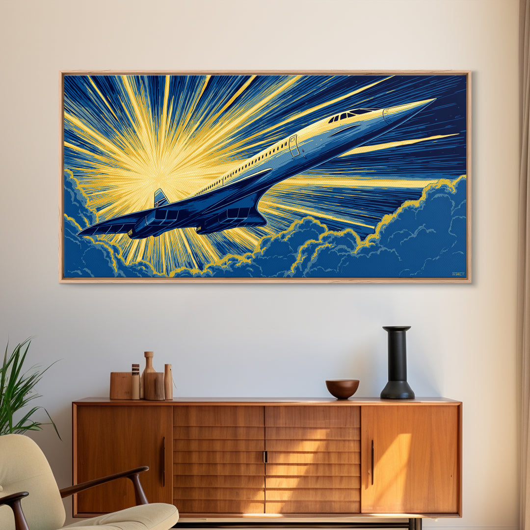 Golden Supersonic Jet Above Clouds Framed Canvas Print, Retro Sci Fi Poster, Mid Century Modern Wall Art, Aviation Decor