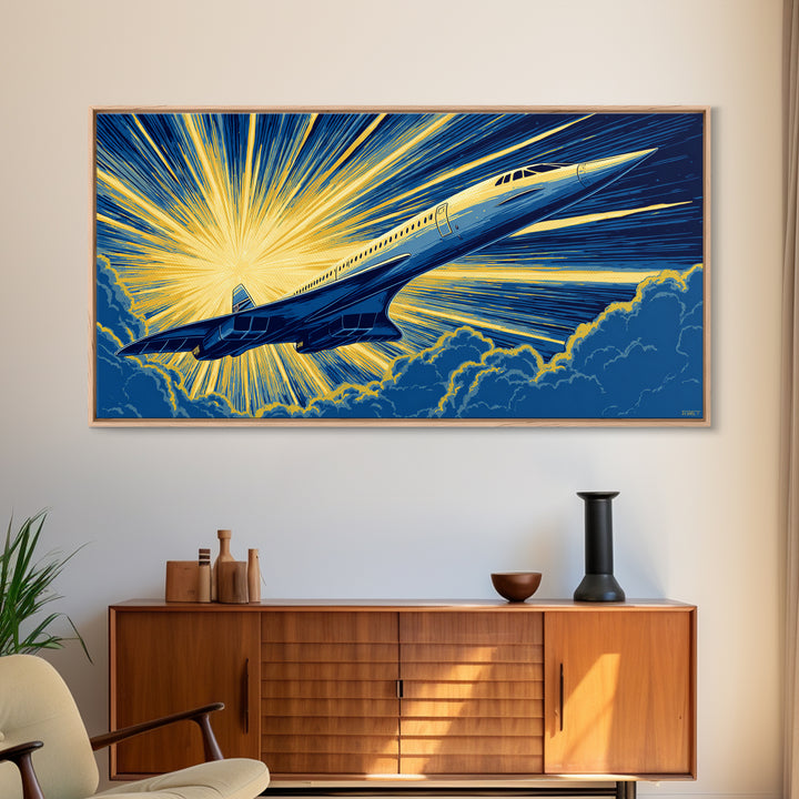 Golden Supersonic Jet Above Clouds Framed Canvas Print, Retro Sci Fi Poster, Mid Century Modern Wall Art, Aviation Decor