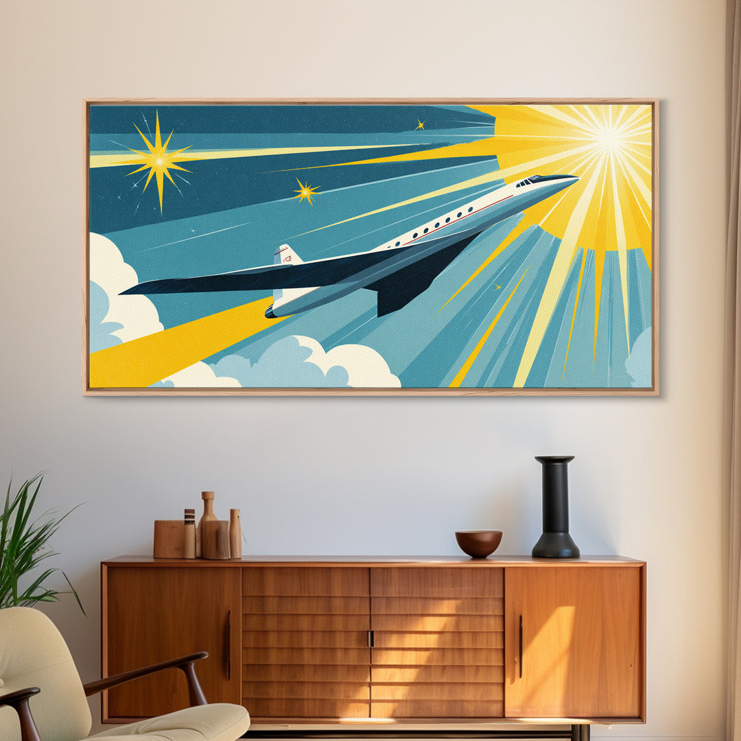 White Supersonic Jet In Sunlit Sky Canvas Print, Mid Century Modern Wall Art, Retro Travel Poster, Space Age Home Decor Print