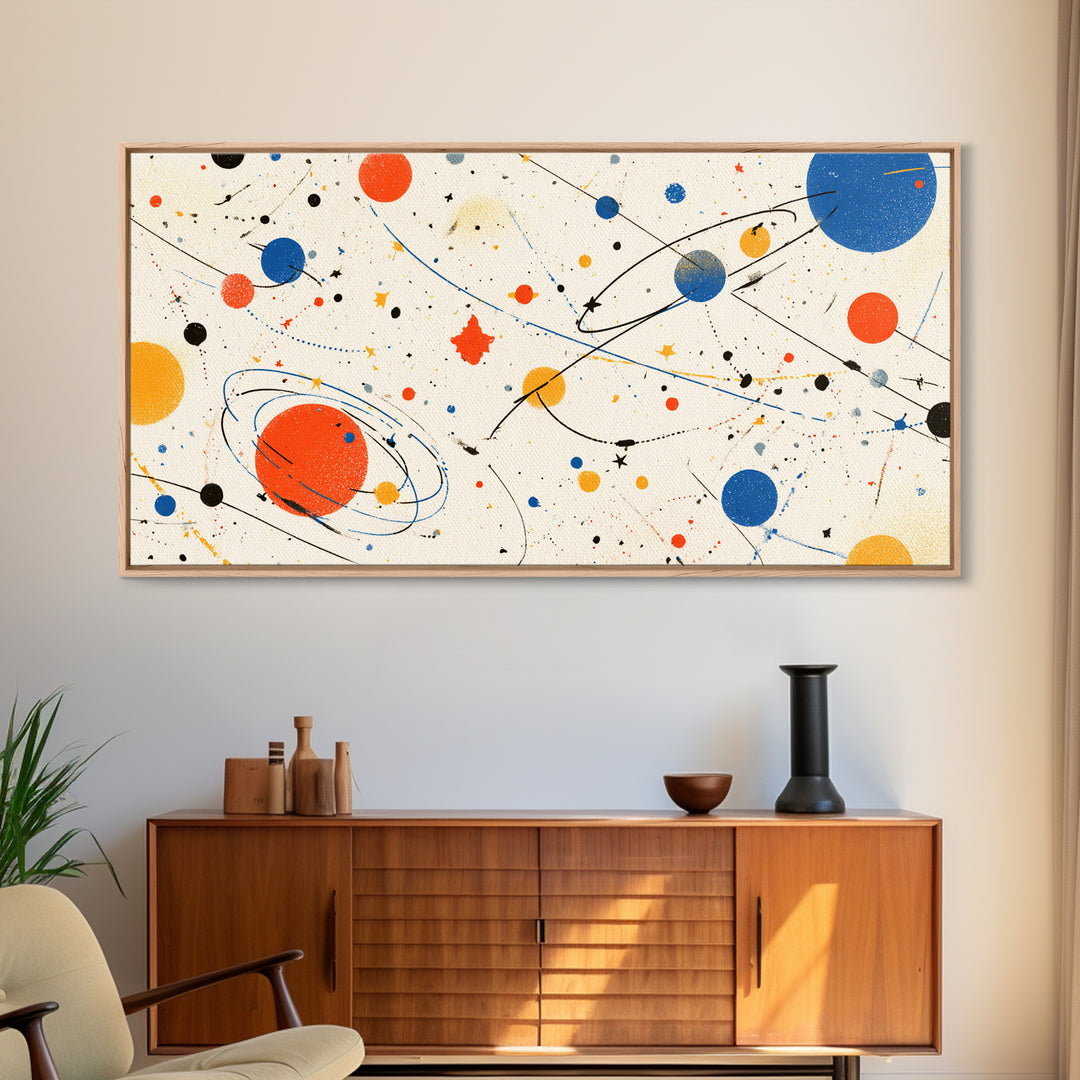 Playful Orbiting Planets And Stars Canvas Print, Atomic Mid Century Modern Wall Art, Retro Space Poster, Kids Room Decor