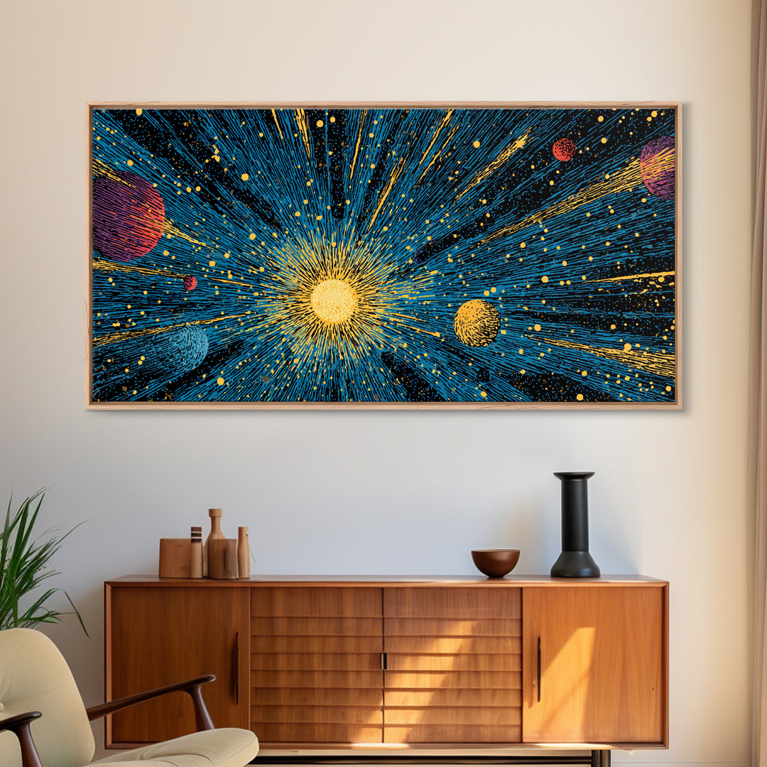 Radiant Sun And Planets In Deep Space Wall Art, Cosmic Retro Sci Fi Poster, Mid Century Modern Decor, Galaxy Print, Home Decor