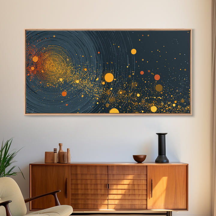 Orange Cosmic Spiral And Star Fields Framed Canvas Print, Abstract Space Wall Art, Mid Century Modern Decor, Galaxy Poster