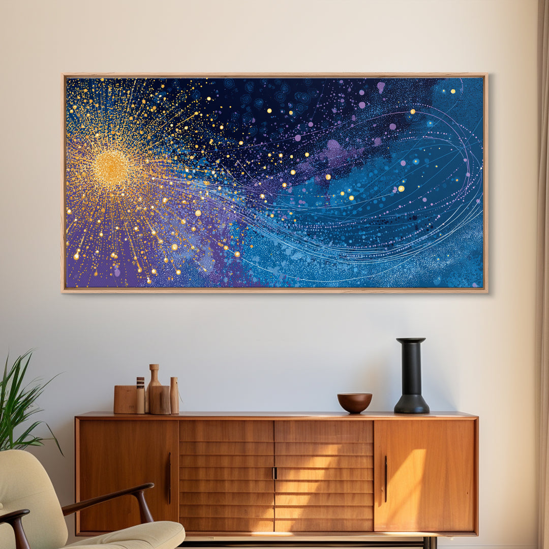 Golden Starburst Space Wave Canvas Print, Colorful Abstract Wall Art, Modern Galaxy Poster, Sci Fi Office And Living Room Decor