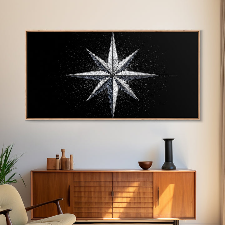Stippled Compass Rose Canvas Print, Black And White Nautical Star Wall Art, Geometric Modern Poster, Minimal Office Decor