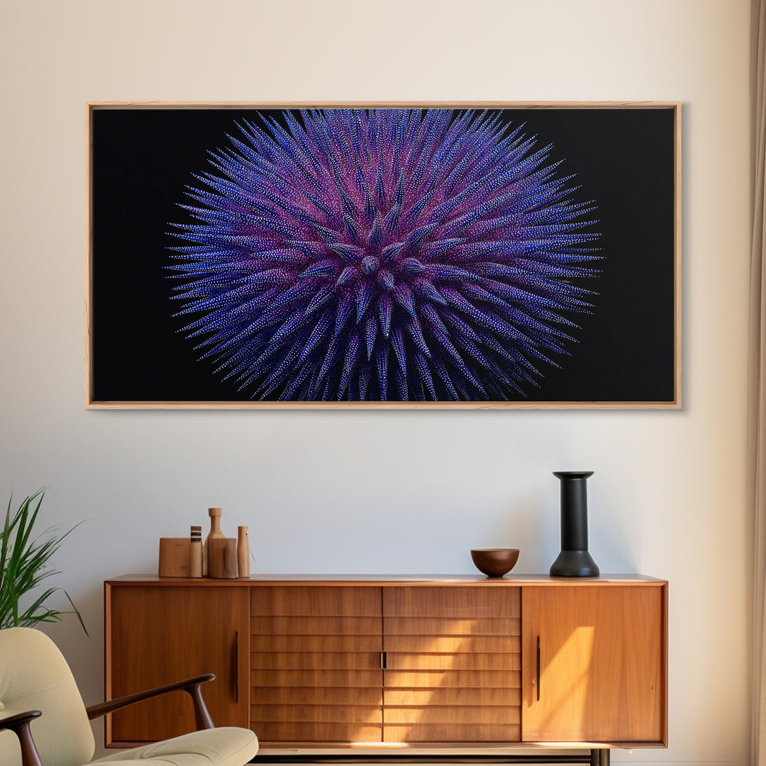 Purple Blue Spiky Sphere Canvas Print, Modern Abstract Art, Space Abstract Art, Futuristic Wall Decor, Large Sci Fi Retro Art