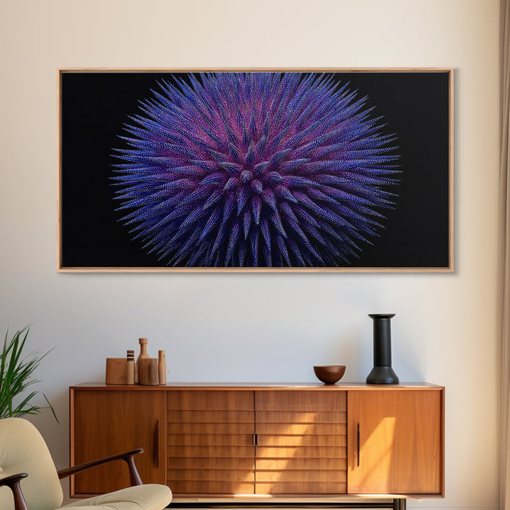 Purple Blue Spiky Sphere Canvas Print, Modern Abstract Art, Space Abstract Art, Futuristic Wall Decor, Large Sci Fi Retro Art