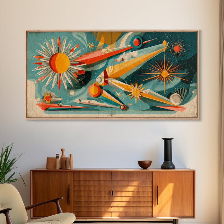 Retro Atomic Space Collage Wall Art, Midcentury Modern Art Print, MCM Wall Decor, Colorful Geometric Poster, 1950s Design