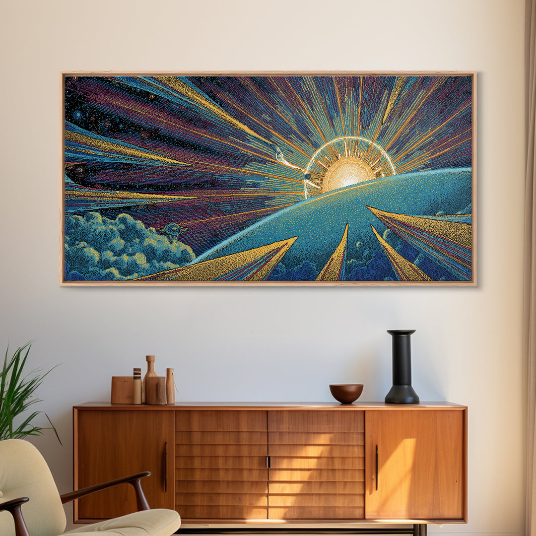 Radiant Sunrise Over Planet Wall Art, Modern Abstract Art Print, Retro Sci Fi Poster, Space Abstract Art, Colorful MCM Decor