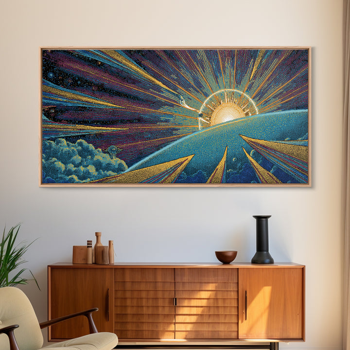 Radiant Sunrise Over Planet Wall Art, Modern Abstract Art Print, Retro Sci Fi Poster, Space Abstract Art, Colorful MCM Decor