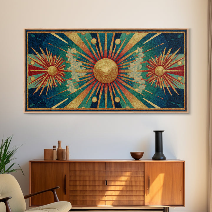 Teal Gold Art Deco Sunburst Wall Art, Midcentury Modern Art Print, Geometric Wall Decor, Retro Atomic Pattern Poster, MCM Home Decor