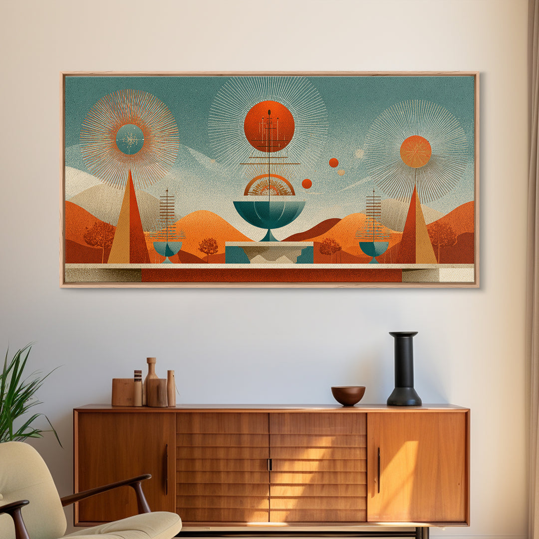 Desert Atomic Fountain Wall Art, Midcentury Modern Art Print, Palm Springs Decor, Orange Teal Geometric Poster, MCM Decor