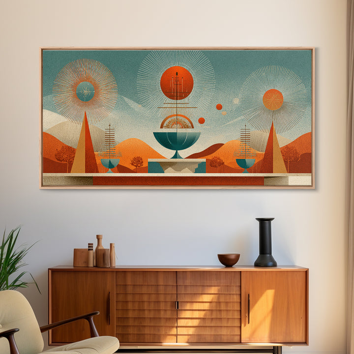 Desert Atomic Fountain Wall Art, Midcentury Modern Art Print, Palm Springs Decor, Orange Teal Geometric Poster, MCM Decor