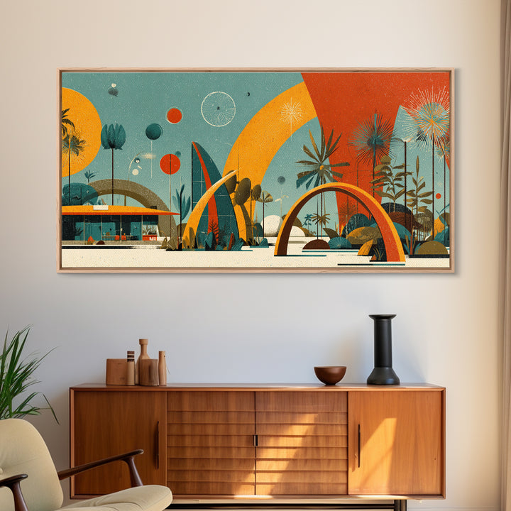 Atomic Desert Resort With Palms And Arches Wall Art, Midcentury Modern Print, Retro Space Age Poster, MCM Home Decor Gift