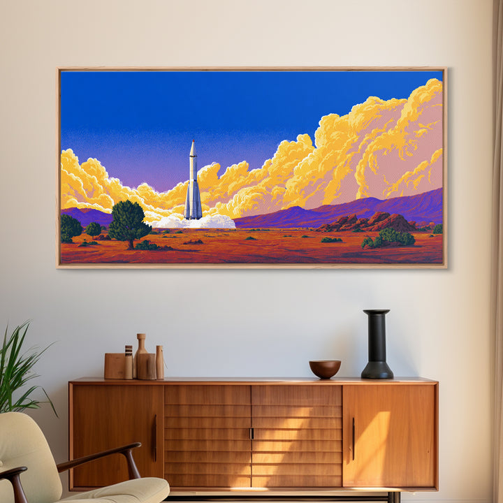 Desert Rocket Launch With Golden Clouds Framed Canvas Print, Retro Sci Fi Poster, Midcentury Modern Wall Art Decor, Gift