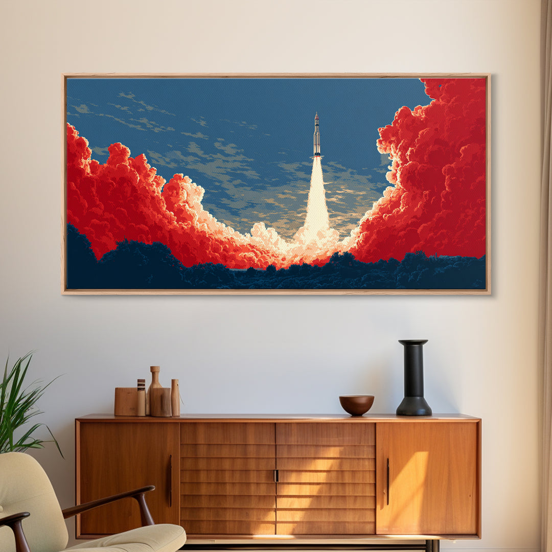 Rocket Launch Through Red Clouds Canvas Print, Retro Sci Fi Poster, Mid Century Modern Wall Art, Bold Space Decor Gift For Him