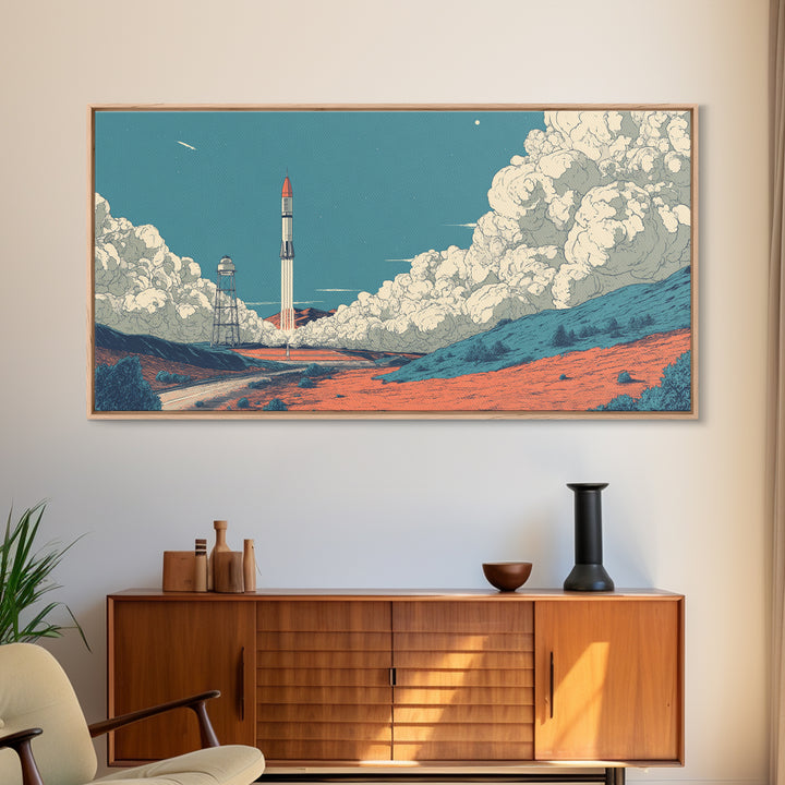 Moonlit Rocket Pad In Blue Desert Wall Art, Midcentury Modern Space Poster, Retro Sci Fi Print, MCM Office Decor Gift Idea