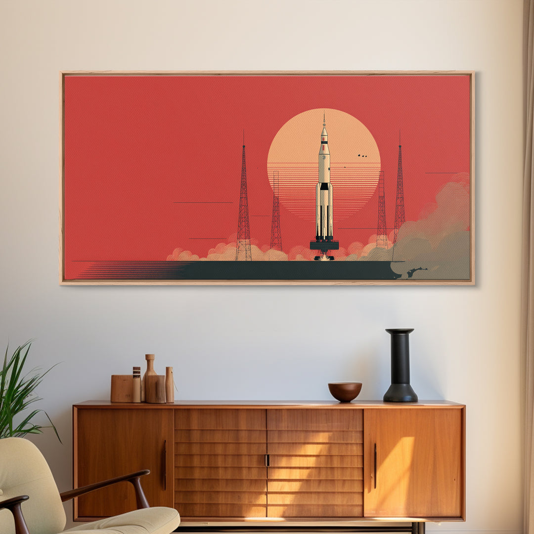 Rocket Launch With Coral Sun Canvas Print, Midcentury Modern Space Age Poster, Atomic Wall Art, Retro Home Decor Gift Idea