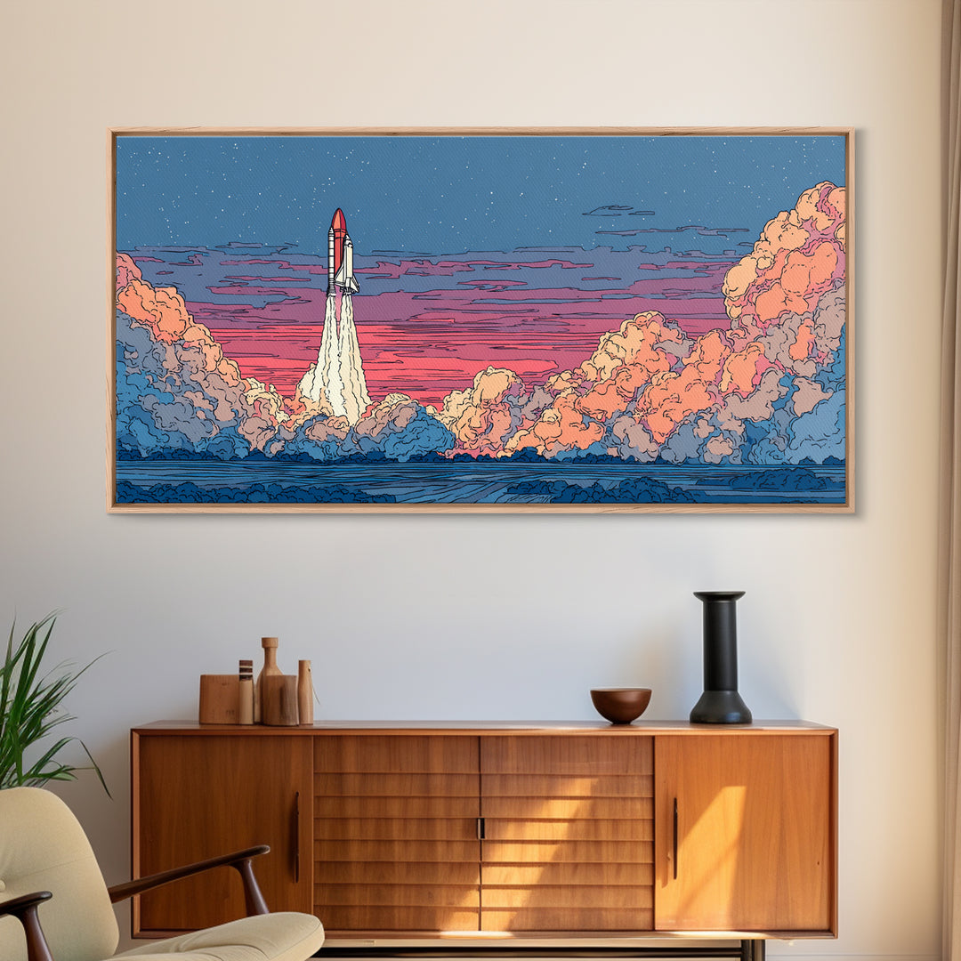 Twilight Rocket Launch Over Ocean Clouds Wall Art, Retro Sci Fi Poster, Mid Century Modern Print, Starry Space Decor Gift