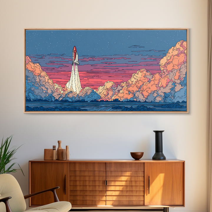 Twilight Rocket Launch Over Ocean Clouds Wall Art, Retro Sci Fi Poster, Mid Century Modern Print, Starry Space Decor Gift