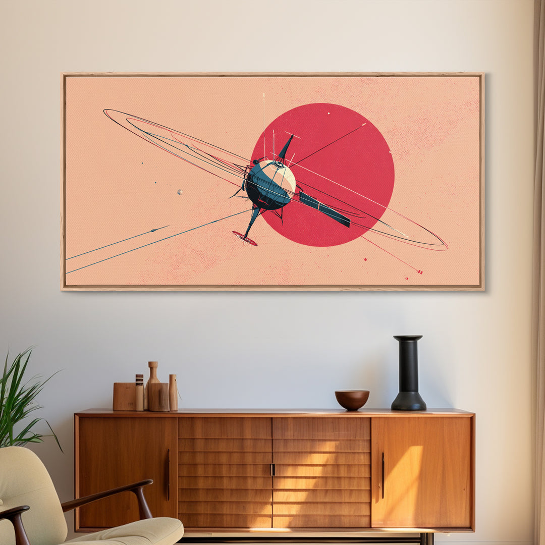 Retro Satellite Orbiting Pink Planet Canvas Print, Midcentury Modern Space Poster, Atomic Sci Fi Wall Art Decor Gift For Him