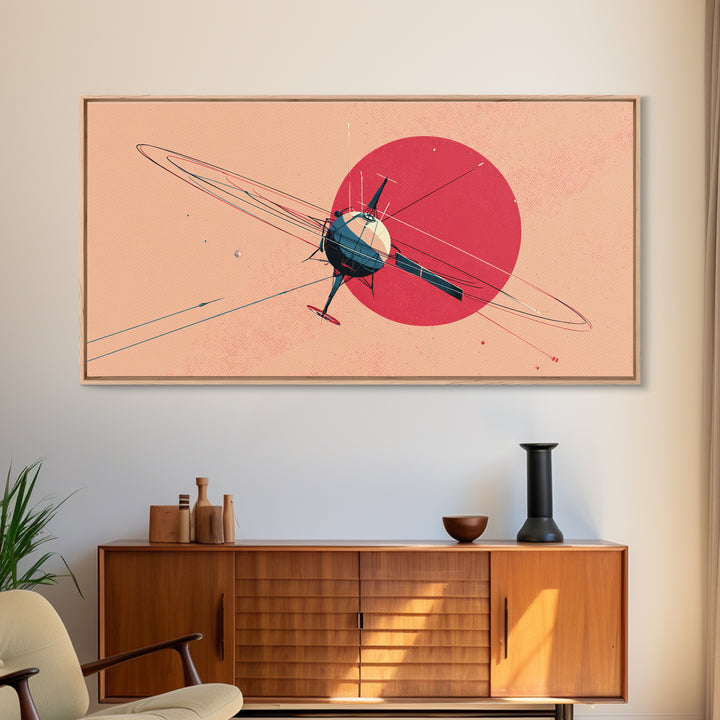 Retro Satellite Orbiting Pink Planet Canvas Print, Midcentury Modern Space Poster, Atomic Sci Fi Wall Art Decor Gift For Him