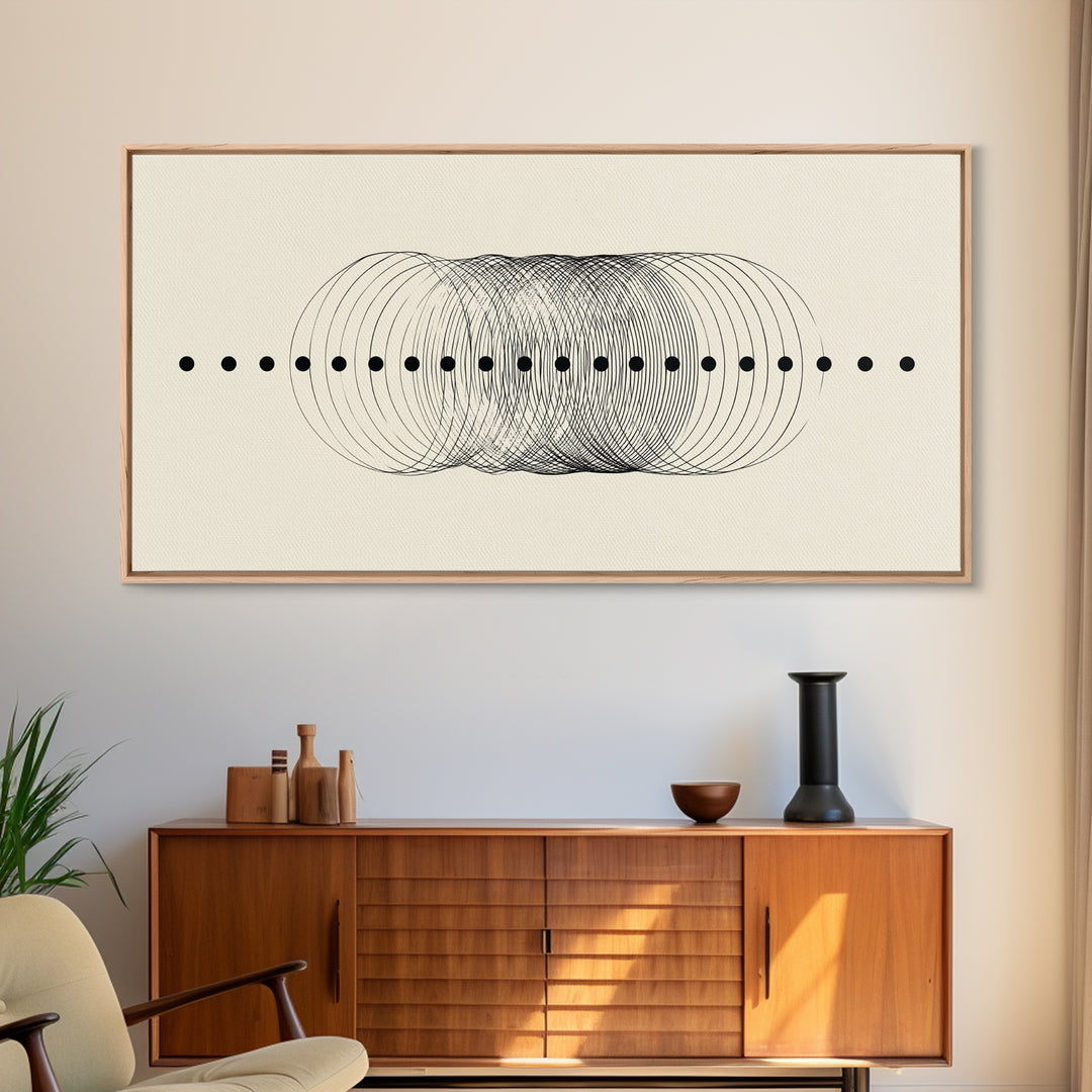 Black Dot Wave Op Art Framed Canvas Print, Midcentury Modern Geometric Wall Decor, Minimalist Office Artwork, Neutral Abstract Design