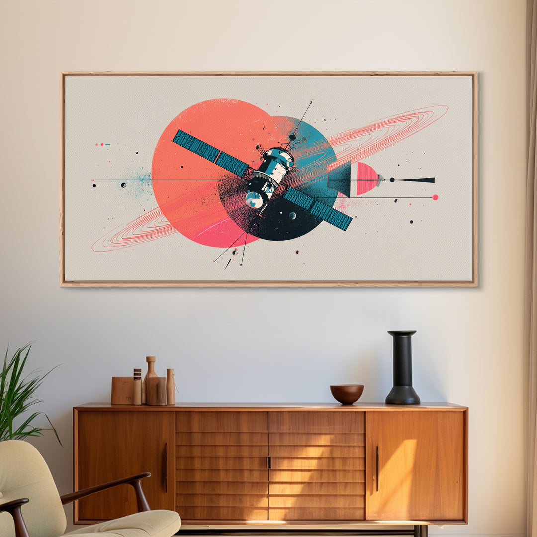 Abstract Satellite And Ringed Planet Wall Art, Midcentury Modern Space Poster, Retro Atomic Print, Modern Home Decor Gift