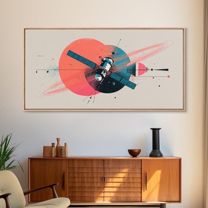 Abstract Satellite And Ringed Planet Wall Art, Midcentury Modern Space Poster, Retro Atomic Print, Modern Home Decor Gift